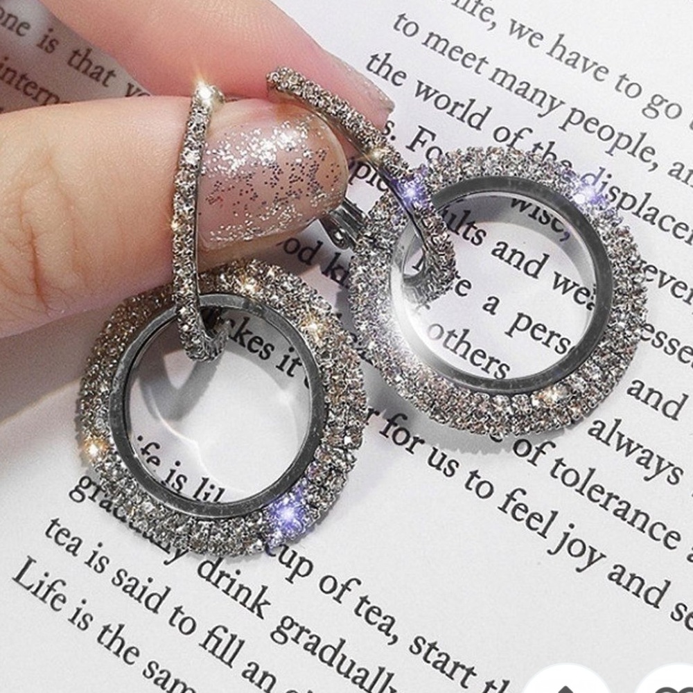 Gunmetal Grey-Silver Rhinestone Drop Circle Earrings NEW